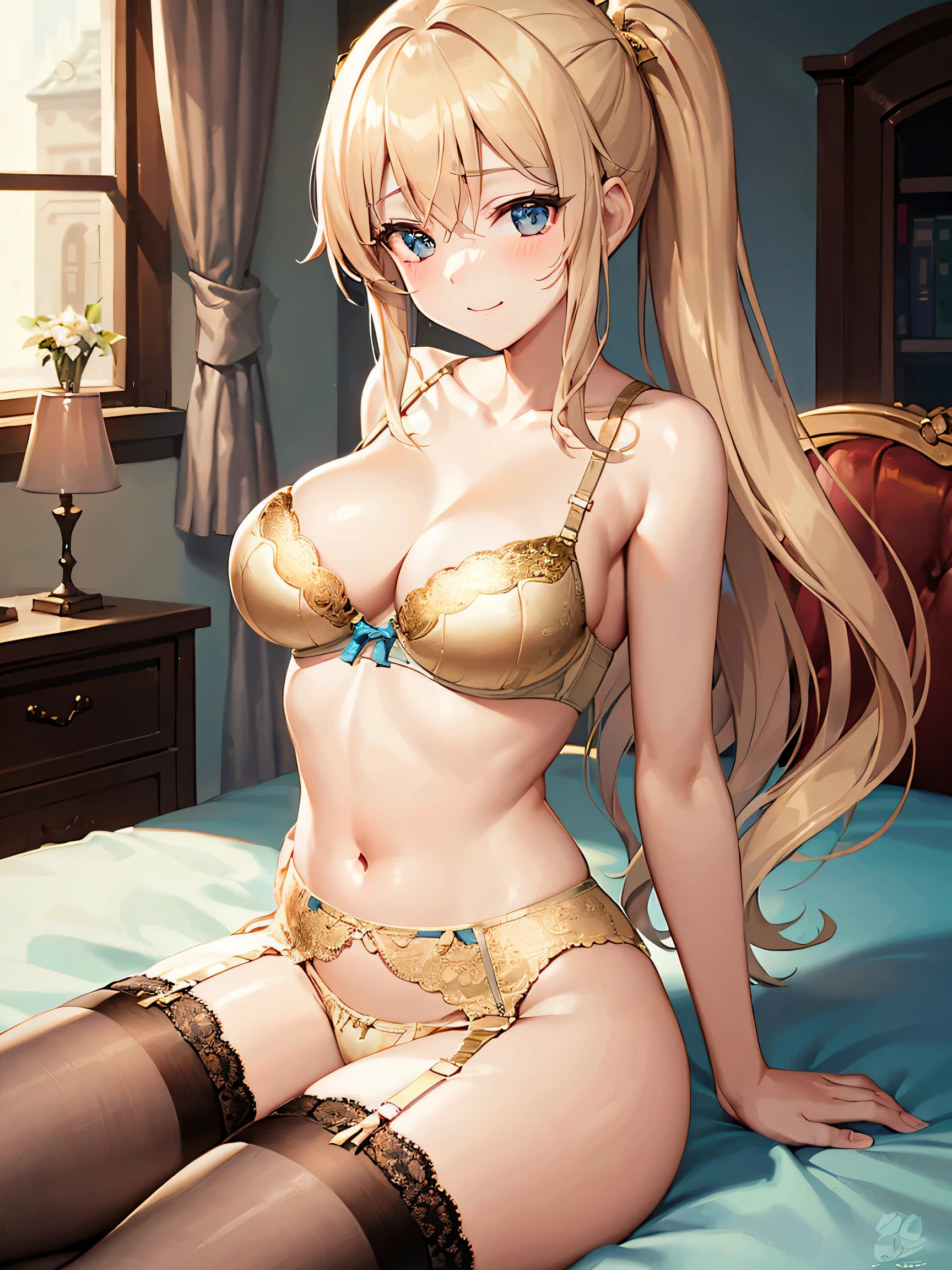 (masterpiece,Best Quality:1.8),(8K,superfine illustration:1.5),(very clear picture:1.5),(ultra-detailliert:1.8),(beautifully drawn woman),(sexy and cute 1girl:1.2),Smile:1.6,(Delicately drawn lingerie:1.6),(Metallic Gold,Bra:2.0),(Metallic Gold,Scanty:2.0),(Metallic Gold,Garter Belt:2.0),(Metallic Gold,Stockings:2.0),(sexy pose:1.5),(Bedrooms:1.6),sitting on a bed,Dynamic Angle,Random position,blue tone、