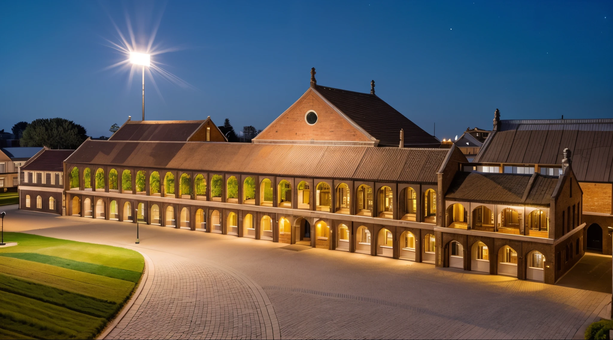 arafed brick building with a clock tower and a grassy area, front yard planted with grass, a wide open courtyard in an epic, award-winning masterpiece, pritzker architecture prize, a middle-shot from front, by Karel Dujardin, shot from above, full - view, viewed from bird's-eye, a stunning masterpiece, an award winning masterpiece, very bright, (The building is illuminated at night with floodlights, There are several colorful flower arrangements in front of the building , vegetable architecture)