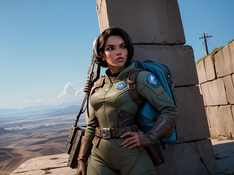 um personagem do jogo fallout 3, caminhando sozinho por uma cidade em ruinas, jogo fallout 3, ((uma personagem feminina usando Armored Vault jumpsuit azul com detalhes em cinza, universo de fallout 3, mochila nas costas)), Natural Dynamic Pose, cidade em ruinas, melhor qualidade, ultra detalhada, bem desenhado, anatomia perfeita, proporcional, character within the golden ratio of the scene