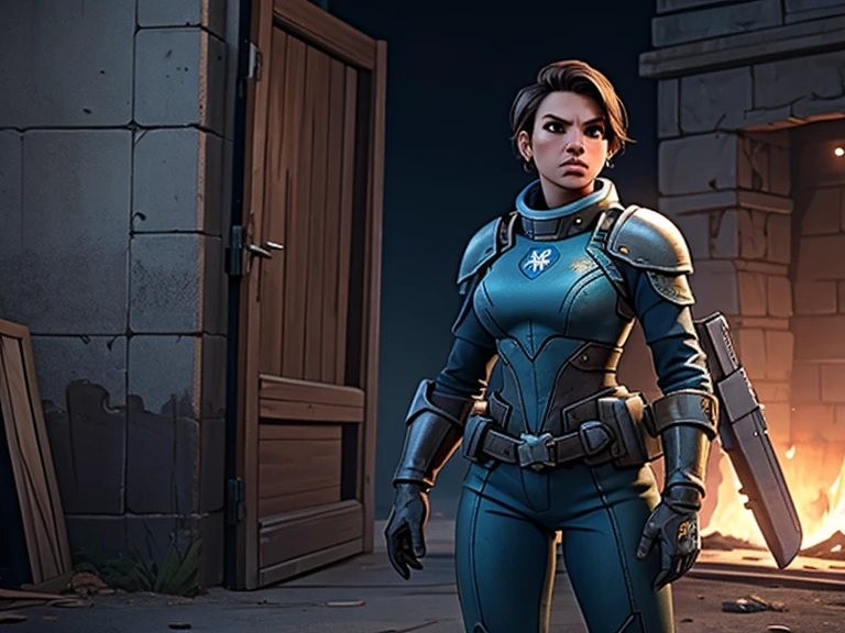 um personagem do jogo fallout 3, caminhando sozinho por uma cidade em ruinas, jogo fallout 3, ((uma personagem feminina usando Armored Vault jumpsuit azul com detalhes em cinza, universo de fallout 3, mochila nas costas)), Natural Dynamic Pose, cidade em ruinas, melhor qualidade, ultra detalhada, bem desenhado, anatomia perfeita, proporcional, character within the golden ratio of the scene