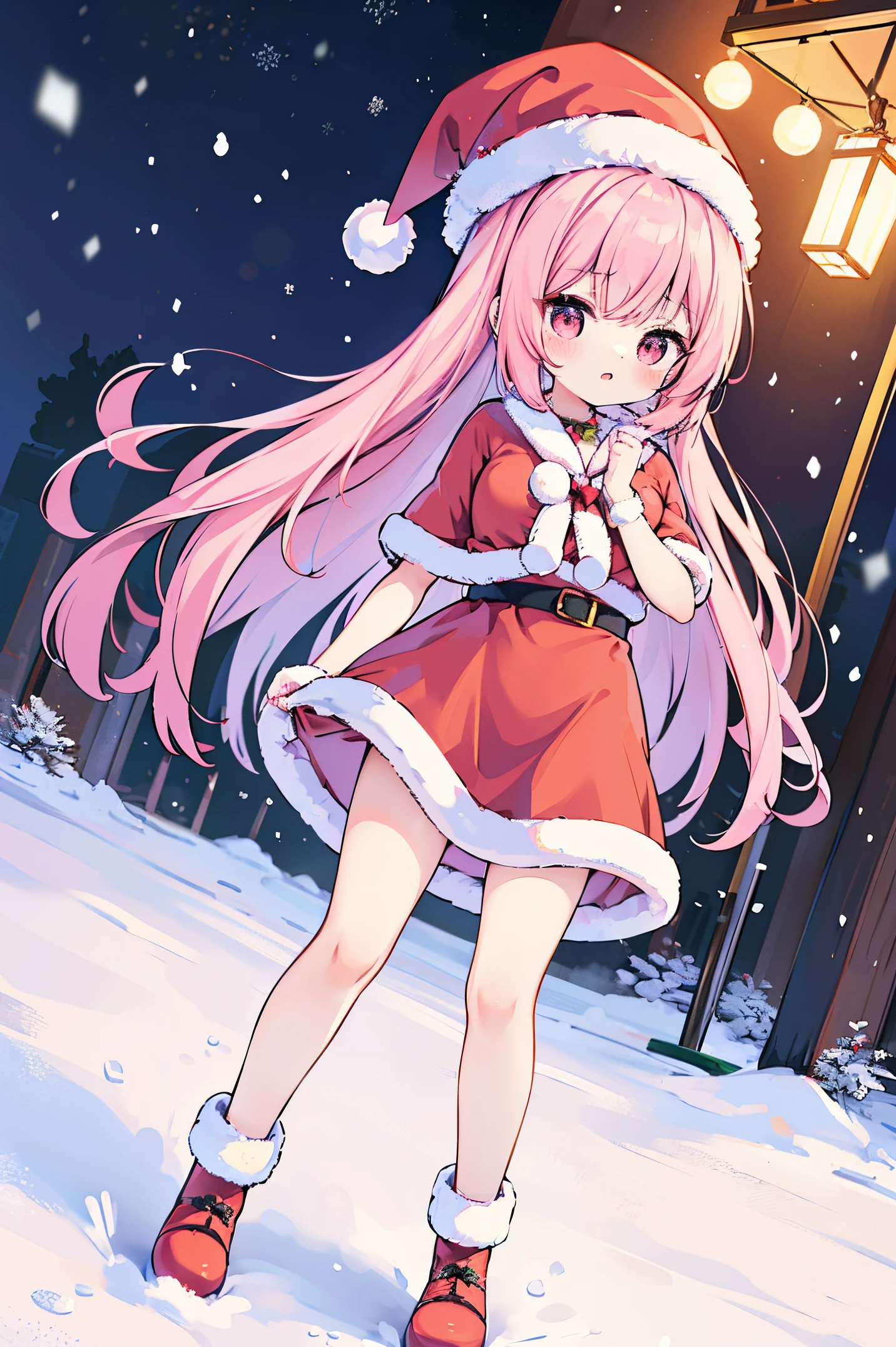 "anime girl, 1 person, pink hair, pink cat ears, pink eyes, santa hat, santa shirt, red dress, stockings, big breasts, solo, standing cross-legged, falling snow, Christmas gift box, chibi,full body(full HD 4K+ image)" front view