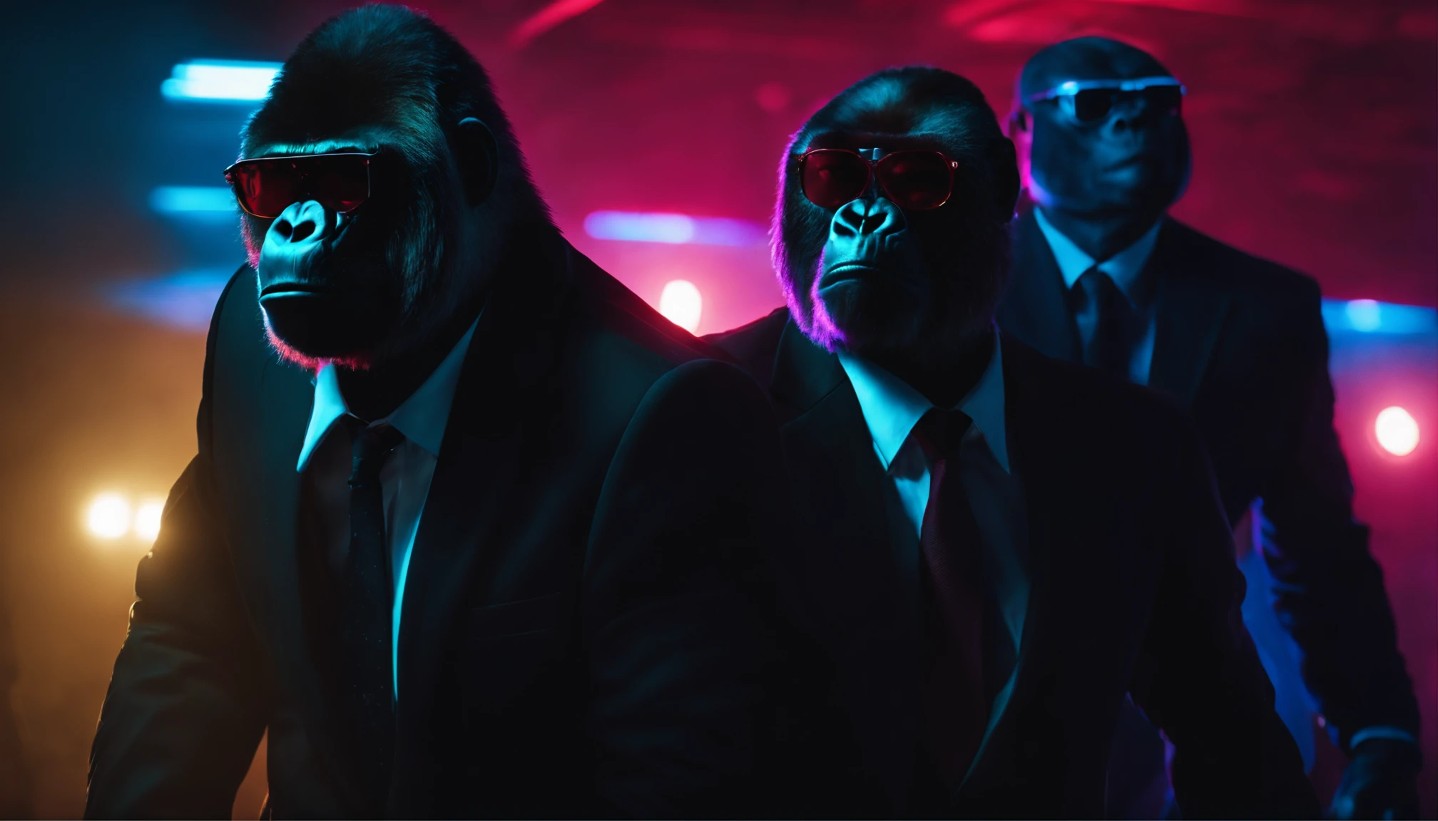 2 gorillas in suits, fighting, each one on a side of the screen, they look cool, wearing cool sunglasses, neon lights, high quality, high detail, 8k