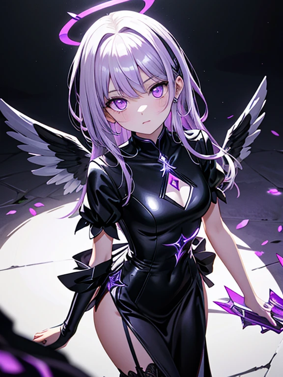 ((masterpiece、top-quality:1.5、a high chroma:1.5、ultra-detailliert、high-resolution illustrations:1.5、Ultra-high-definition CG、8k size wallpaper、offcial art))、,(highly colorful:1.5),(from above:1.5),(1 fallen angel girl),(Cute little girl:1.5)、(Shining purple eyes:1.5),(Beautiful face:1.5,Beautiful eyes:1.5)、(close to viewer:1.5),
(clearface:1.3)、(sexy body),(ultra-thin sexy dress:1.5), (Beautiful ultra-thin sexy dress every detail),(a dark halo shines:1.5),(medium breasts:1.5),、(cowboy shot:1.5)、(glowing eyes:1.5),(Glowing two-tone black and purple fallen angel wings:1.5),( Fluttering two-tone black and purple feathers:1.3),colourfull、
