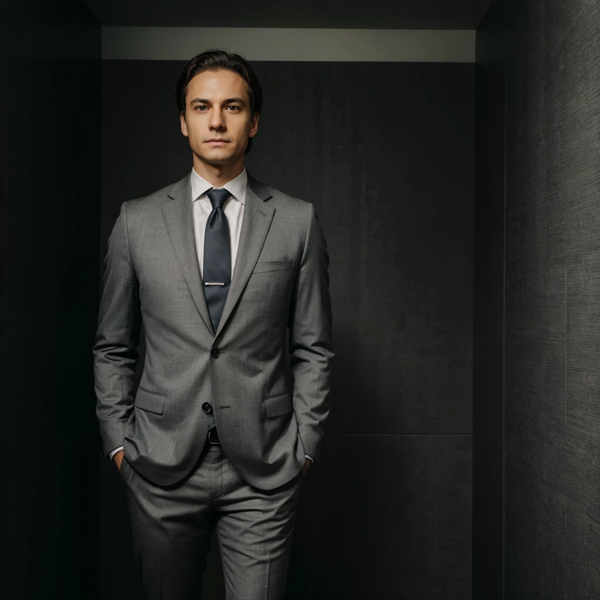 A realistic image of a lawyer in a dark gray suit, with a neutral background, full body, fully visible face, and hands in the pockets. Make sure to capture the details of the suit, the lawyer's facial expression realistically and with high quality. The lighting should highlight the details of the suit and the lawyer's face, providing a sense of depth and realism to the image.