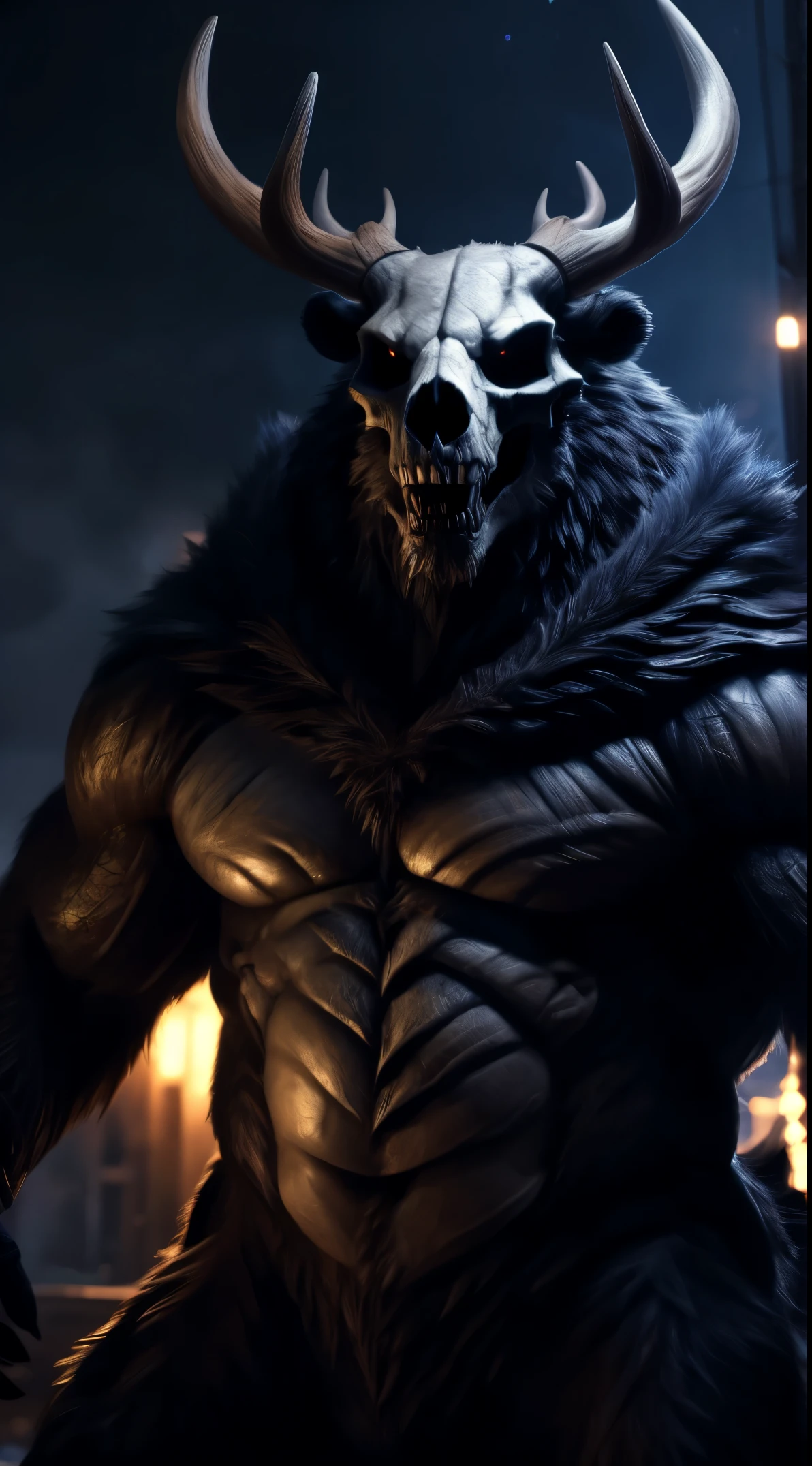 monster, fur on body, scales on belly, majestic fur mantle, wendigo skull, elk horns, giant, bear body, threatening, stands menacingly, wide body, illustration, (best quality, 4k, highres, masterpiece:1.2), ultra-detailed, realistic, horror, sharp focus, vivid colors, nighttime lighting,
