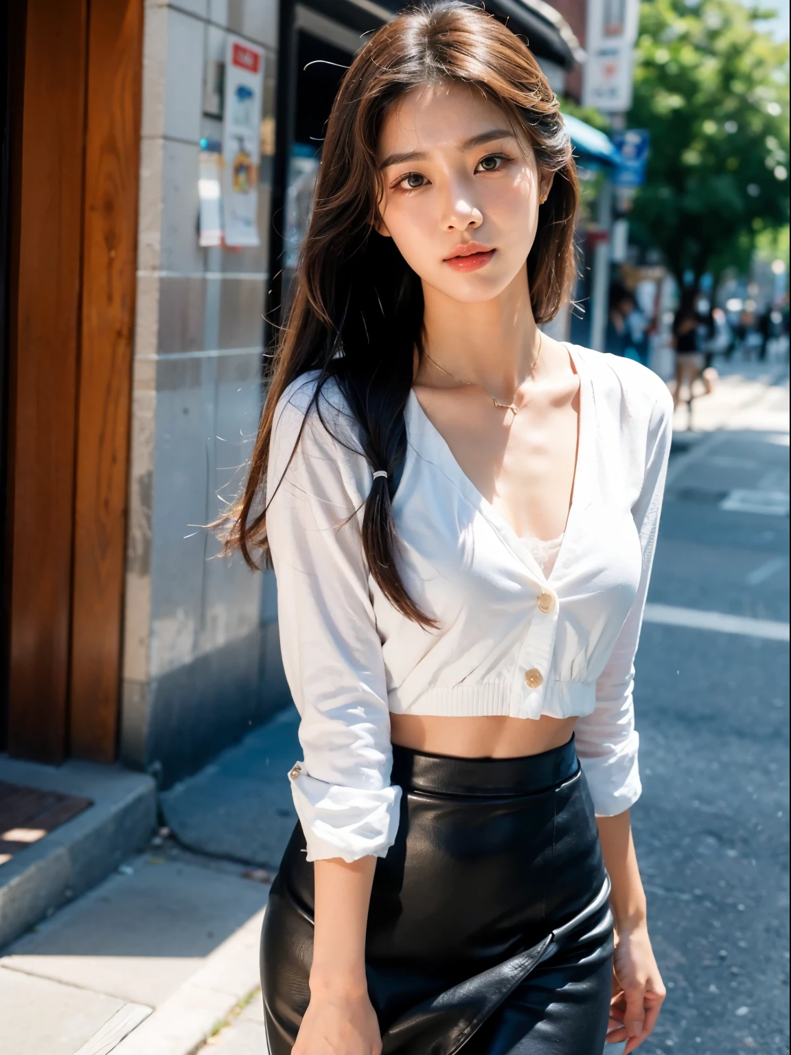 quickly
(K-pop idols, South Korean beauties, Korean mixed),(1个Giant Breast Girl, 24 year old beautiful girl:1.1),medium  tits,细致的The eye, photorealistic The eye, She has a (A slight smil:1.3) On her face, perfect pubic_ The eye,Korean popular hairstyles in 2022, photorealistic The eye, Detailed skins,thigh gap, perfect pubic faces, small heads,Thin waist,Wear a pencil skirt,
