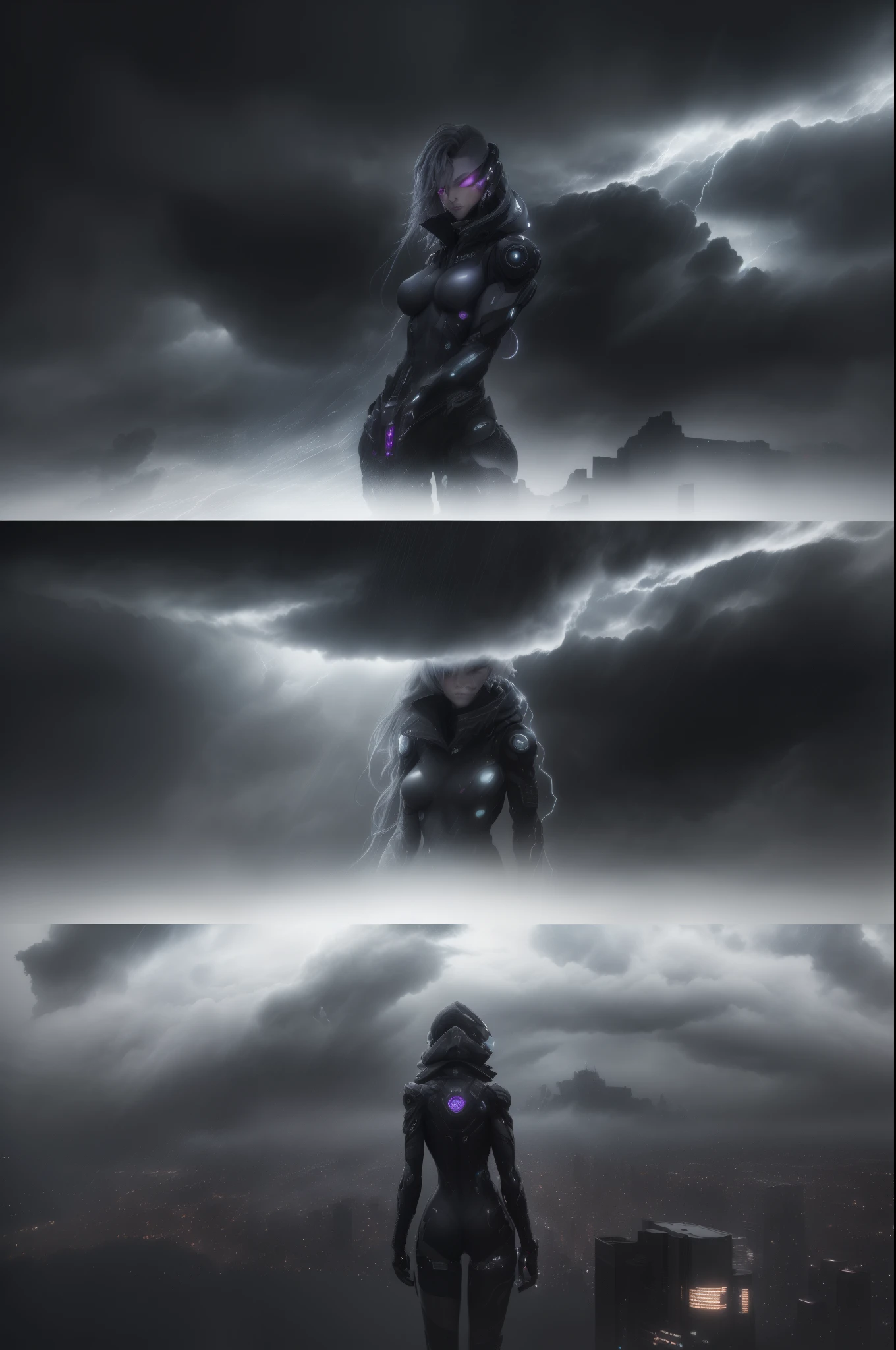 cyber punk perssonage [foggy cityscape in the distance : Very beautiful girl, 城市:0.33] Immerse yourself in the immense wind current, Living in thunderstorm clouds, Behind the cloud, (double contact:1.Brandon Woelfelmist (Brandon Woelfelmist) photo taken, surreal dream, Gray atmosphere, raining day, dynamic, usufruct, HighDynamicRange