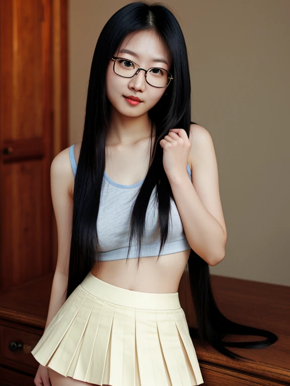 asian, glasses, topless, pleated skirt, smile, sexy pose, long straight hair