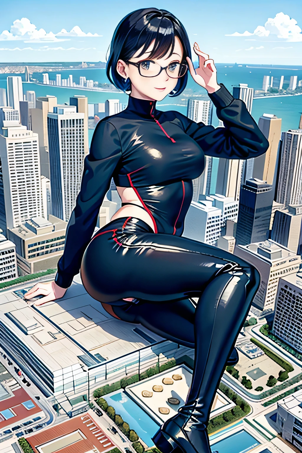 Buruma, der riese art, 非常に詳細なder rieseショット, der riese, Shorthair, Giant woman bigger than a skyscraper, Wearing rimless glasses, Colossal tits, Big ass, gymnastic suit, Navy blue high socks, very small metropolis, Trying to destroy a miniature metropolis, Full body depiction, nffsw, giga der riese, der riese, Stomping City,crash city,Small town,micro city,