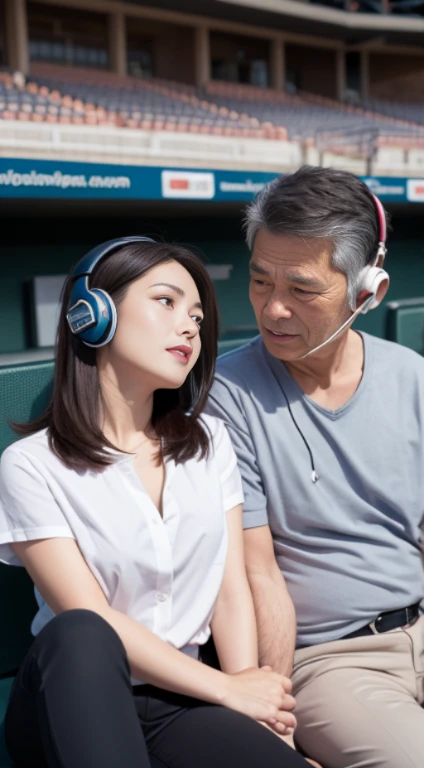 1 office lady and 1 old man sitting,close to each other, (his arm touching her breast:1.1),very cute face, bob hair, white colored shirt, headset,baseball stadium,perfect anatomy, masterpiece, best quality, perfect face