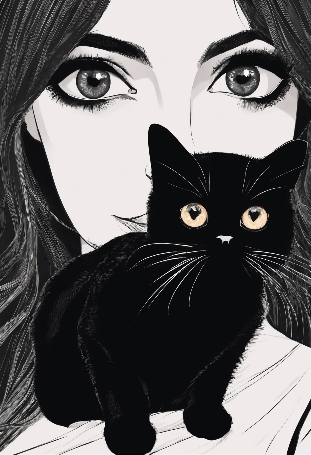 there is a Black Cat sitting on a bed looking at the camera, black hair and large tits eyes, Exotic Shorthair Cat, Black shelf, Scottish Fold cat, Black Cat, Large completely black eyes, large tities, Completely black eyes, looking up at the camera, she is looking at us, looking up at the camera, Black shiny eyes, Black Cat taking a selfie