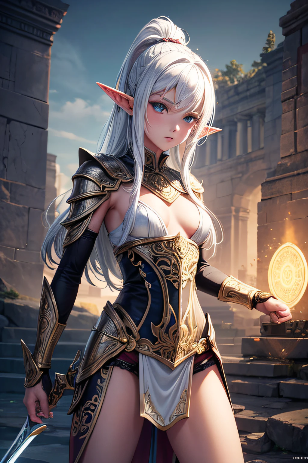 young teen girl, ancient elf warrior, long pointy ears, white hair, sexi, small breasts, ancient elf armor and accesories, wielding a sword, highly detailed, vibrant appearance, creative behavior, extremly detailed, imaginative, sensual, spontaneous, highest quality, skin texture, intricate details, (cinematic lighting), RAW photo, 8k, masterpiece,best quality,ultra-detailed,very detailed illustrations,extremely detailed,intricate details,highres,super complex details,extremely detailed 8k cg wallpaper,