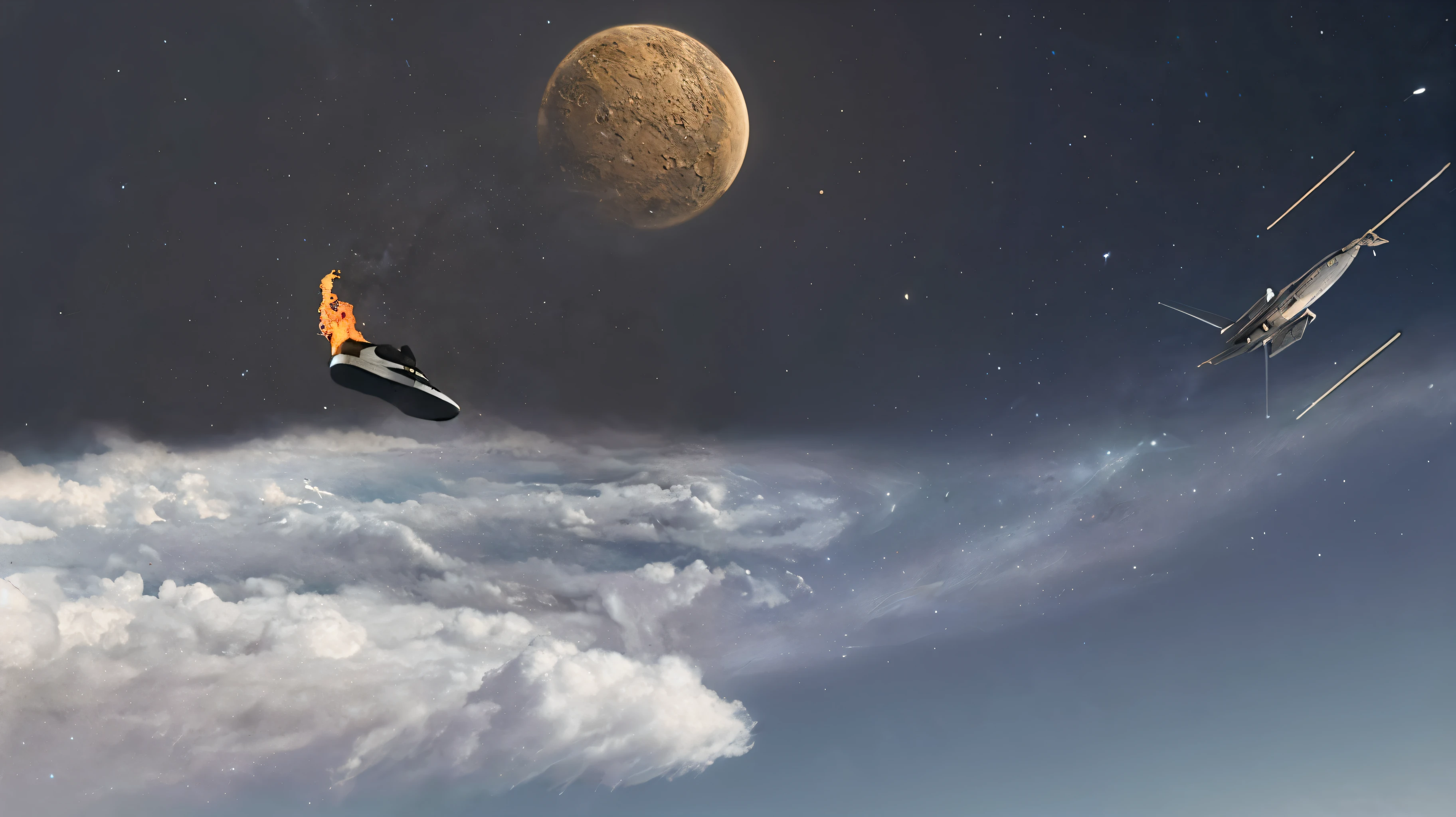 there are two planes flying in the sky with a planet in the background, sci-fi fantasy wallpaper, Sci-Fi Fantasia Desktop Wallpaper, with spaceships in the sky, atmosfera de star wars, spaceships in the sky, spaceships in the sky nublado, spaceships in the sky, dramatic space battle, an epic space ship scene, space opera and dystopian style