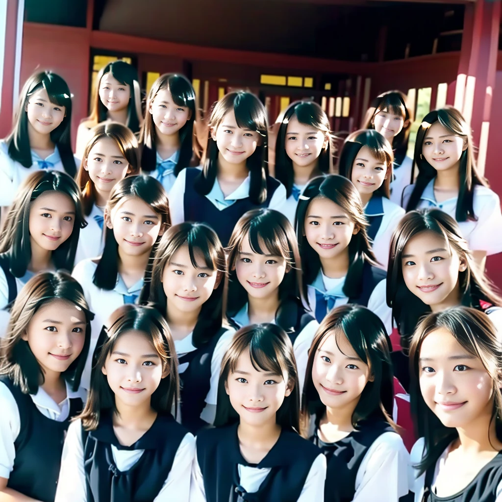 Raw photo、(((multiple girls))),((((6+girls)))),((((100girls)))),(((1000girls)))、((((100 Girls))))、Women only、The same face、matching school uniform、************、Long black hair、100 cute girls going to school、a smile、Commuting to school、School route、In the street、selfee、same person、(((Large group)))、a junior high school student