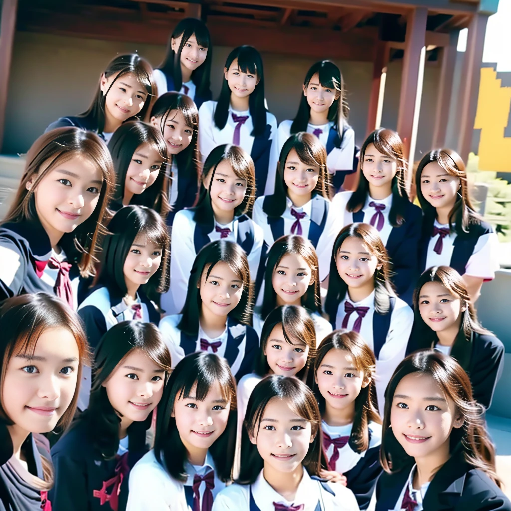 Raw photo、(((multiple girls))),((((6+girls)))),((((100girls)))),(((1000girls)))、((((100 Girls))))、Women only、The same face、matching school uniform、************、Long black hair、100 cute girls going to school、a smile、Commuting to school、School route、In the street、selfee、same person、(((Large group)))、a junior high school student