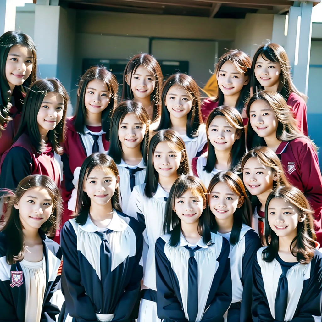 Raw photo、(((multiple girls))),((((6+girls)))),((((100girls)))),(((1000girls)))、((((100 Girls))))、Women only、The same face、matching school uniform、************、Long black hair、100 cute girls going to school、a smile、Commuting to school、School route、In the street、selfee、same person、(((Large group)))、a junior high school student