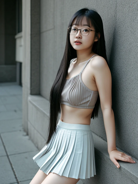 asian, glasses, small breasts, no bra, smile, sexy panties, pleated skirt, lifting skirt, long straight hair