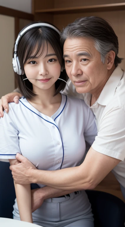 1 office lady and 1 old man sitting,close to each other, (his arm touching her breast:1.1),very cute face, bob hair, white colored shirt, headset,baseball stadium,perfect anatomy, masterpiece, best quality, perfect face