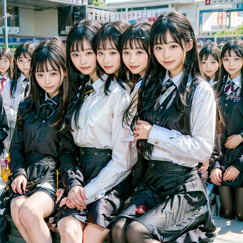 Raw photo、(((multiple girls))),((((6+girls)))),((((100girls)))),(((1000girls)))、((((100 Girls))))、Women only、The same face、matching school uniform、12 years old、Long black hair、100 cute girls going to school、a smile、Commuting to school、School route、In the street、selfee、same person、(((Large group)))、a junior high school student