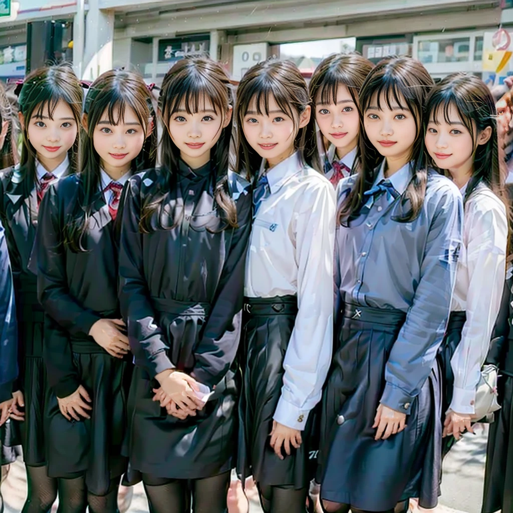 Raw photo、(((multiple girls))),((((6+girls)))),((((100girls)))),(((1000girls)))、((((100 Girls))))、Women only、The same face、matching school uniform、、Long black hair、100 cute girls going to school、a smile、Commuting to school、School route、In the street、selfee、same person、(((Large group)))、a junior high school student