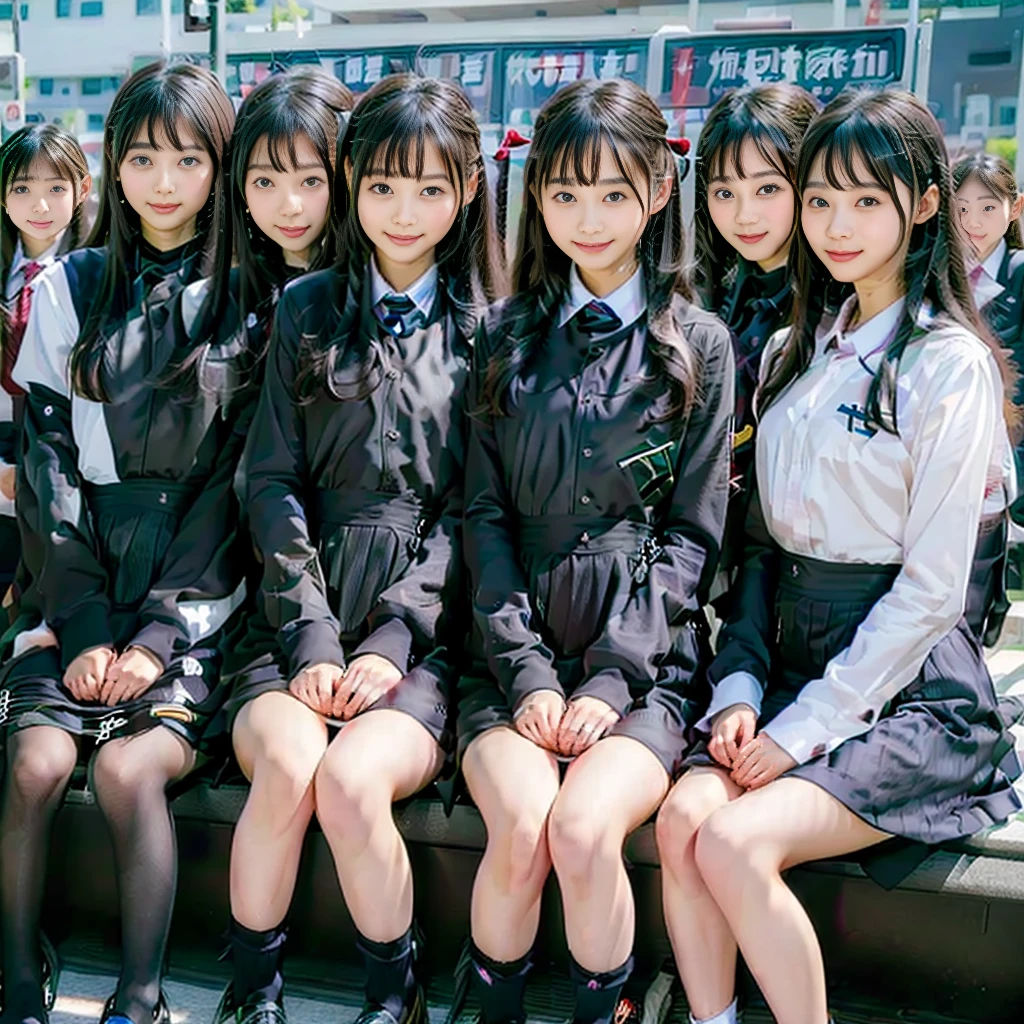 Raw photo、(((multiple girls))),((((6+girls)))),((((100girls)))),(((1000girls)))、((((100 Girls))))、Women only、The same face、matching school uniform、************、Long black hair、100 cute girls going to school、a smile、Commuting to school、School route、In the street、selfee、same person、(((Large group)))、a junior high school student