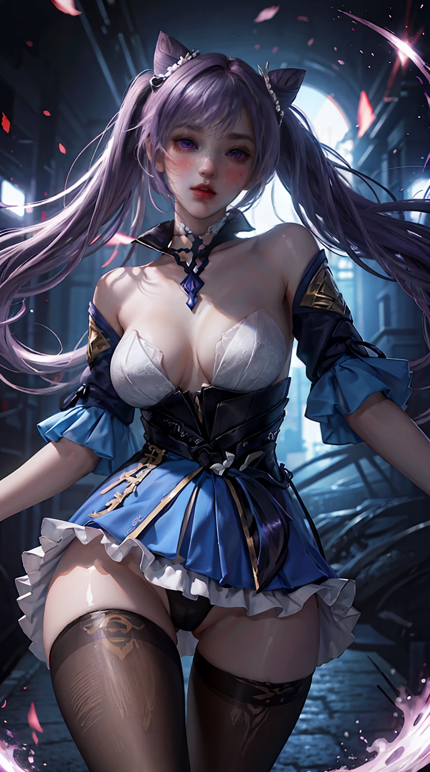 8K, Ultra High Definition, Super detailed, Shiny detailed hair, detailed face, fantasy landscape, solo, looking at viewer, {{best quality}}, {{masterpiece}}, {{ultra-detailed}}, {detailed light}, ultra high quality eyes, detailed eyes, perfect eyes, large eyes, detailed purple eyes, purple hair, long hair, twintail, beautiful, skinny body, white skin, slutty, erotic, blushing, ahegao, standing in suggestive pose