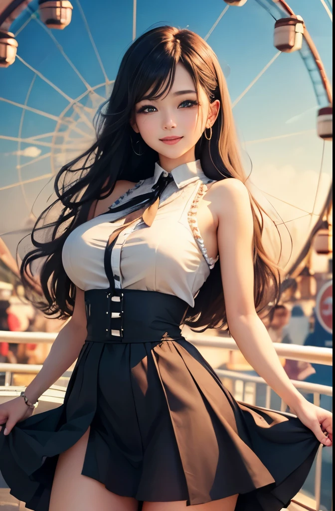 Create a 3D masterpiece packed with rich details. beautiful smile, female police officer, long-haired, wearing costume mini skirt open jacket with neckline, beautiful breasts showing , on a balcony. 4K, surreal, realisitic