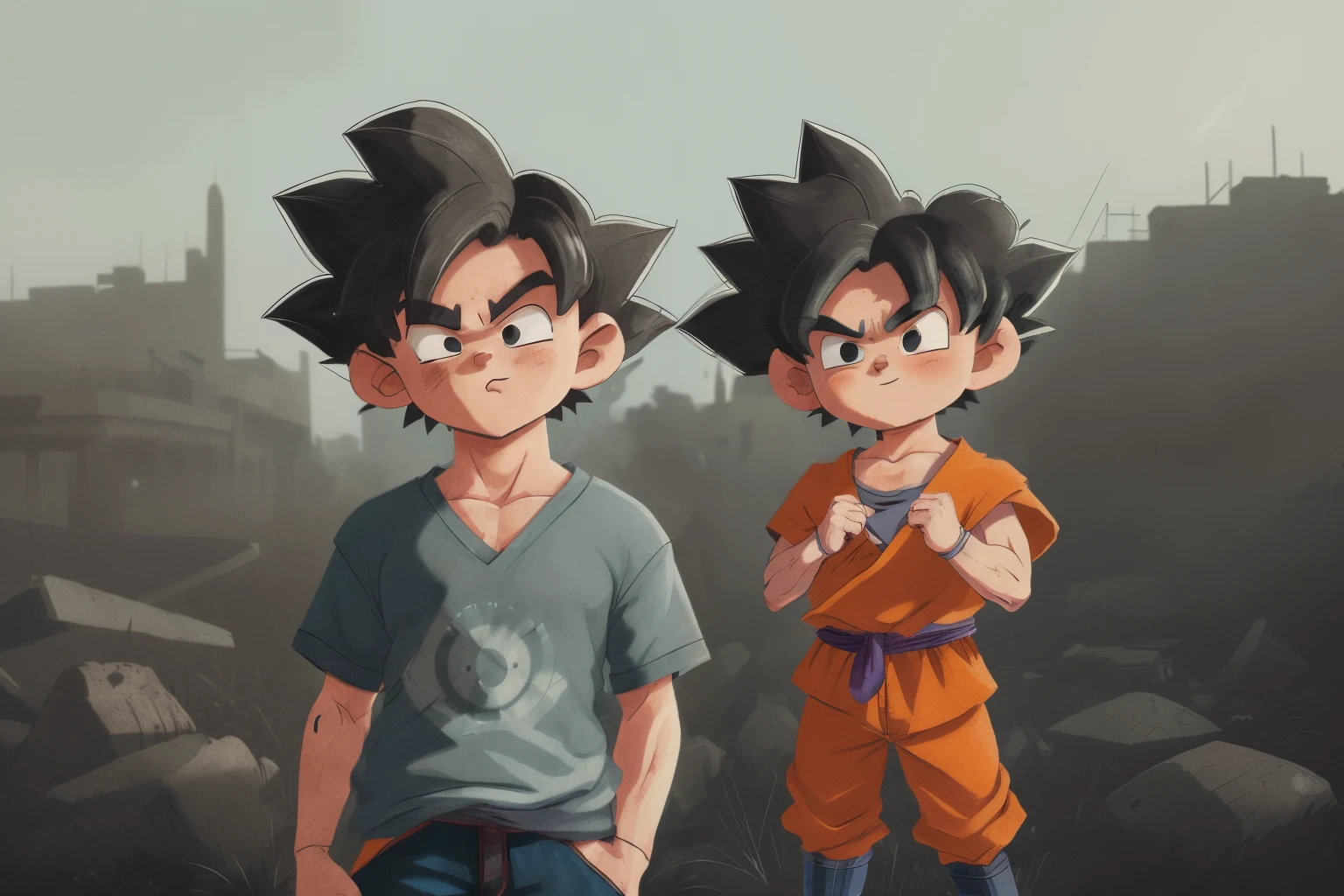 Goku, Sayajin, Sayajin's outfit, ultra detailed eyes, torn blue t-shirt, Goku's orange kimono, dragonballZ, yellow energy around the body, bright blue eyes, man, flowing hair, human fur, realistic human skin, striking blue eyes, beautiful body and face - shot, body, beautiful detailed body and face, strong body, muscose)))), dust raising(hot, hyper-realistic dark photos (((portrait))), post-apocalyptic ruins background,(((HDR+))), 4mm textures, 8k, soft cinematic light, Adobe Lightroom, Photolab, HDR, intricate, elegant, highly detailed, sharp focus, (((((cinematic appearance)))), soft tones, insane details, intricate details, hyper-detailed, low contrast, soft cinematic light, faint colors, exposure mix, faded, slate atmosphere)