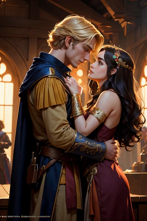 Two person 1 Neels Visser is a prince who has golden blond hair, wears a medieval military outfit and is in love with the commoner 2 Lily Collins, who has curly black hair and wears a red dress, the two kiss very affectionately, illustration of a romance book cover with a detailed, smooth, bright background filled with flowers, art by Greg Hildebrandt, Citemer Liu, Stjepan Sejic, Samyang, Aykut Aydogdu, Justin Gerard, Alphonse Mucha, Artgerm, WLOP, and Greg Rutkowski