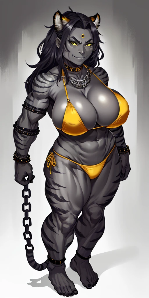 full body barefoot, perfect hair, perfect body, looking at the viewer, standing, posing, mature female, very grey skin, muscular body, female oni, big breast, black chocker, slave chains, (((grey skin))), (detailed yellow bikini with tiger dototh hands behind body
