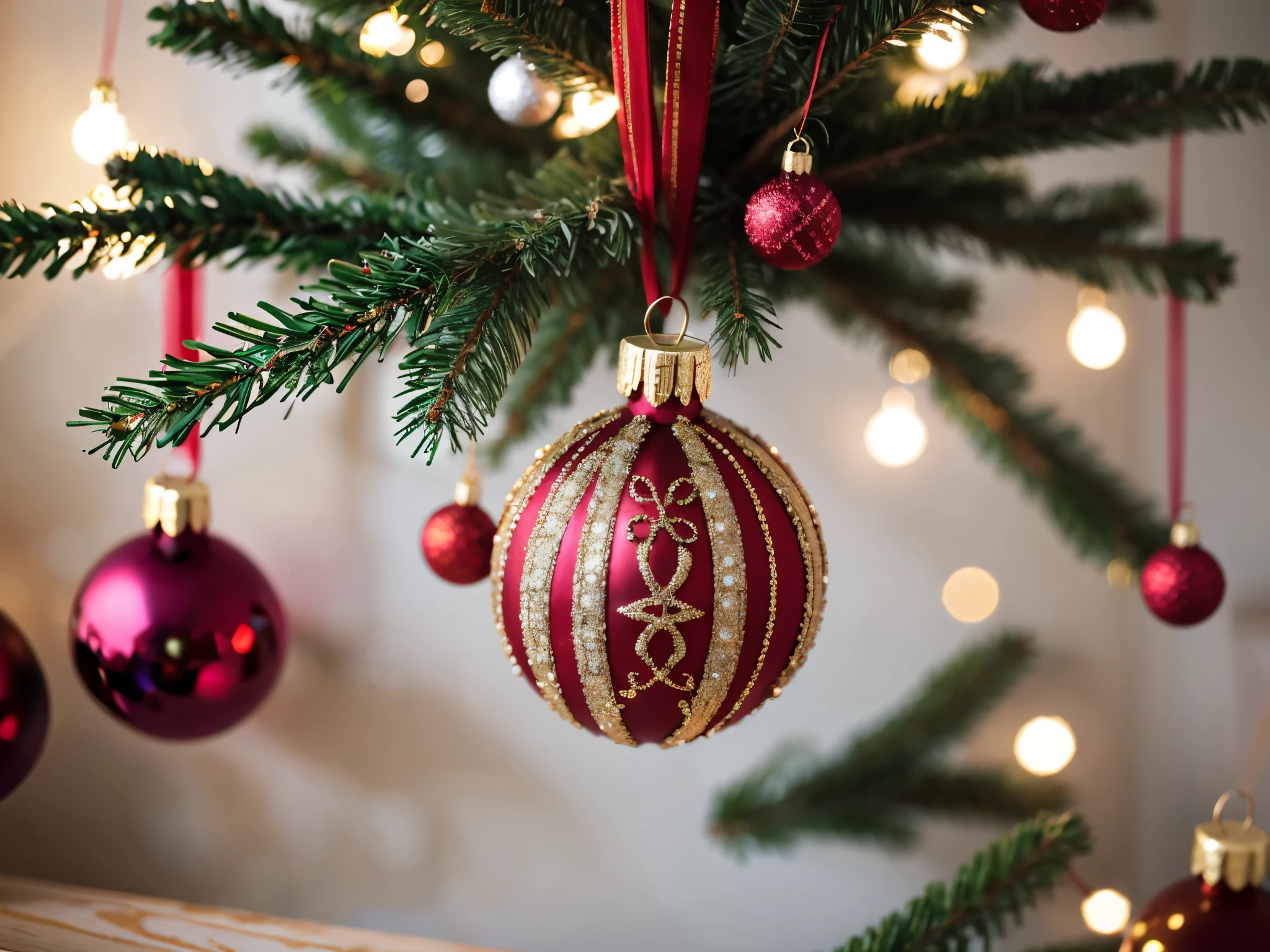 Zoom in closely on intricately designed 3D basic symbols and shapes adorned as festive ornaments. Capture the minute details, turning Christmas decorations into a geometric wonder.