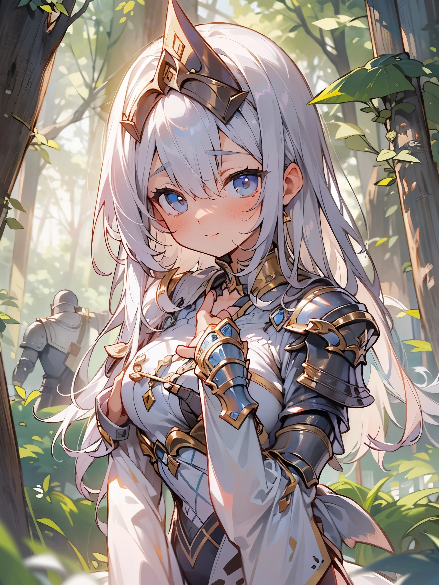 ((4k、8k、top-quality、perfect fingers: 1.3、perfect anatomia: 1.3、Background blur))、1人、((、small tits、Cute eyes、stright long hair、a beautiful slender girl))、 (frilld、long-sleeve、knights、armor leotard、Beautiful decorative headband):1.1、((Full-body angle))、in a quiet forest、Shy laughter、