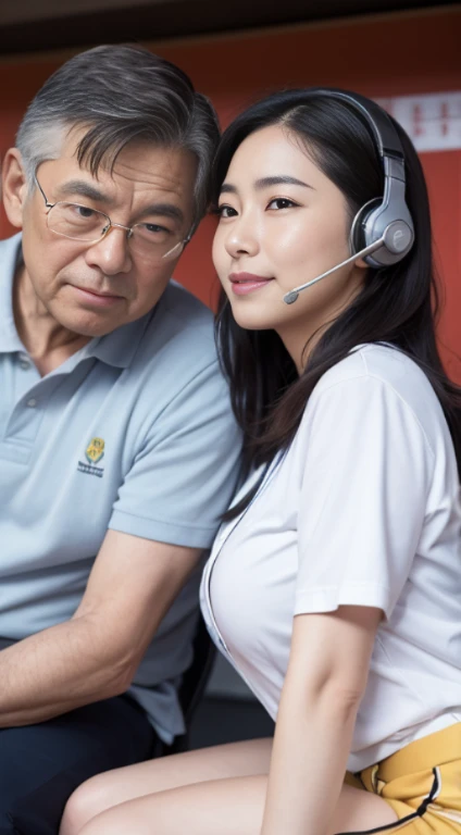 1 office lady and 1 old man sitting,close to each other, (his arm touching her breast:1.1),very cute face, bob hair, white colored shirt, headset,baseball stadium,perfect anatomy, masterpiece, best quality, perfect face