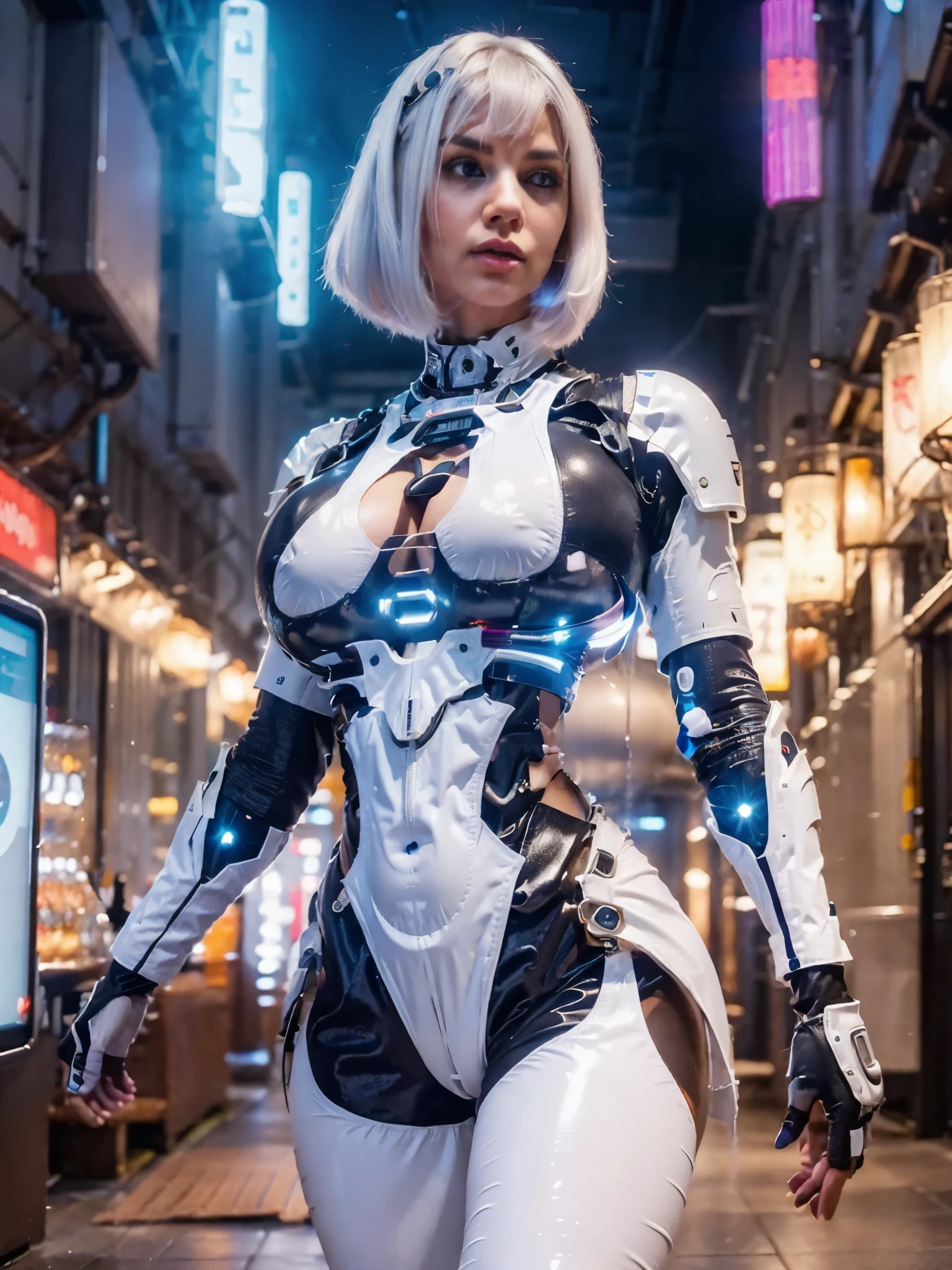 (Huge boobs:1.4), blob haircut, white hair, digital, technology, futuristic, detailed