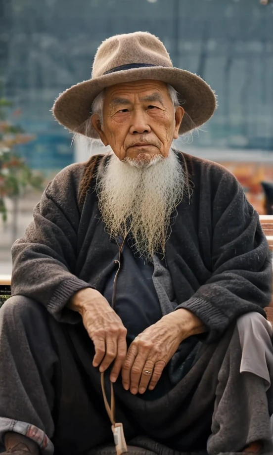 Long beard、French-German man wearing hat sitting on bench, 聪明的A old man, 一位A old man, 一位A old man的肖像照片, A old man, Asian people, A old man肖像, 一位80岁的A old man, Old man, calm expression, perfectly centered portrait, photo of a man, chinese artist, 一个A old man