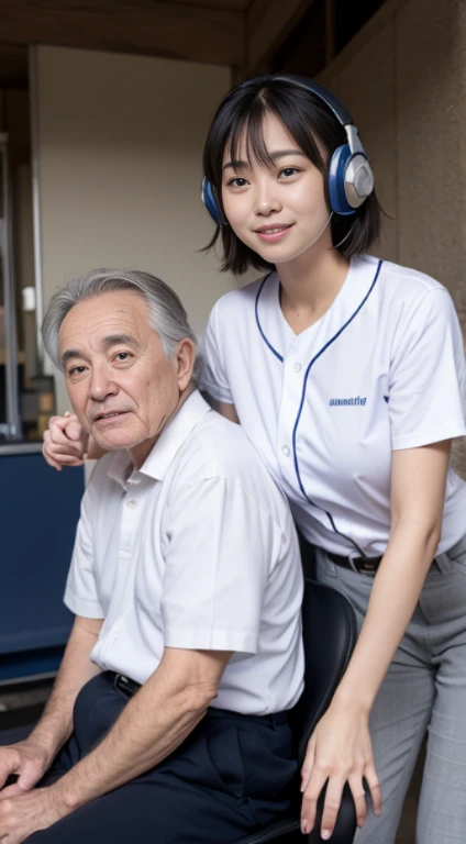 1 office lady and 1 old man sitting,close to each other, (his arm touching her breast:1.1),very cute face, bob hair, white colored shirt, headset,baseball stadium,perfect anatomy, masterpiece, best quality, perfect face