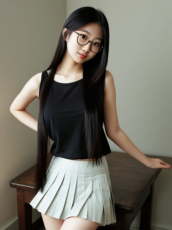 asian, glasses, small breasts, no bra, smile, sexy panties, pleated skirt, lifting skirt, long straight hair