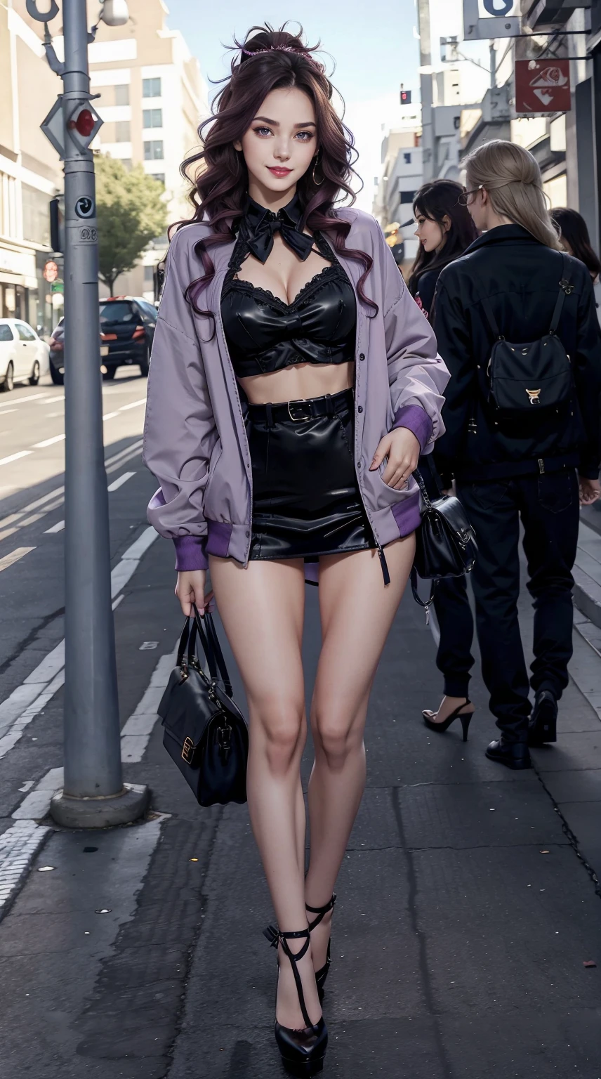 19-year-old woman、Hair color is a gradation of brunette and purple、Eye color is blue、Longhaire、hair is wavy、tie your hair with a ribbon、wearing eye shadow and lipstick、Slender but well-proportioned muscular body、a smile、huge tit、is wearing jacket、Wearing slacks、I'm wearing high heels、I have a handbag、a smile