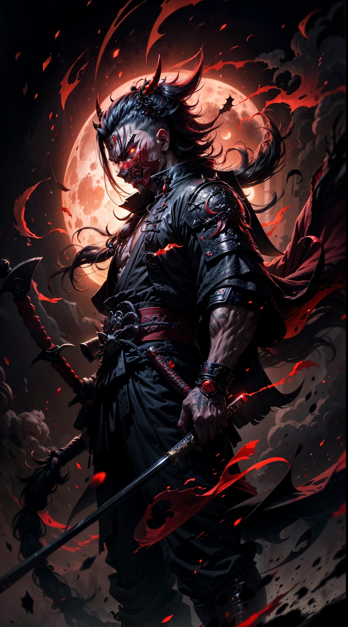 a dark and red illustration of a demon with a full moon in the background, demon samurai, demon slayer artstyle, badass anime 8 k, demon samurai warrior, with red glowing eyes, handsome guy in demon slayer art, villain wearing a red oni mask, 8k high quality detailed art, inspired by Kanō Hōgai, very beautiful cyberpunk samurai