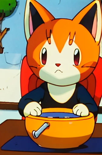 Orange cat. Long hair. White chin. Guarding soup small head.