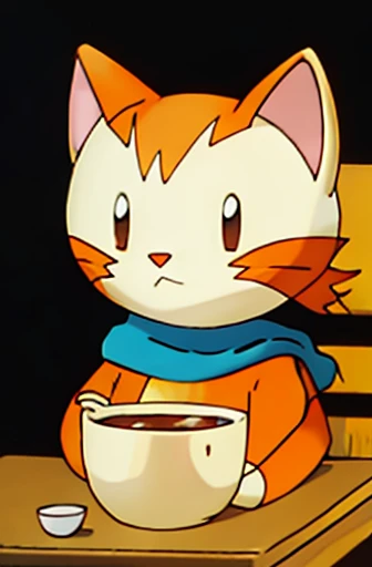 Orange cat. Long hair. White chin. Guarding soup small head.