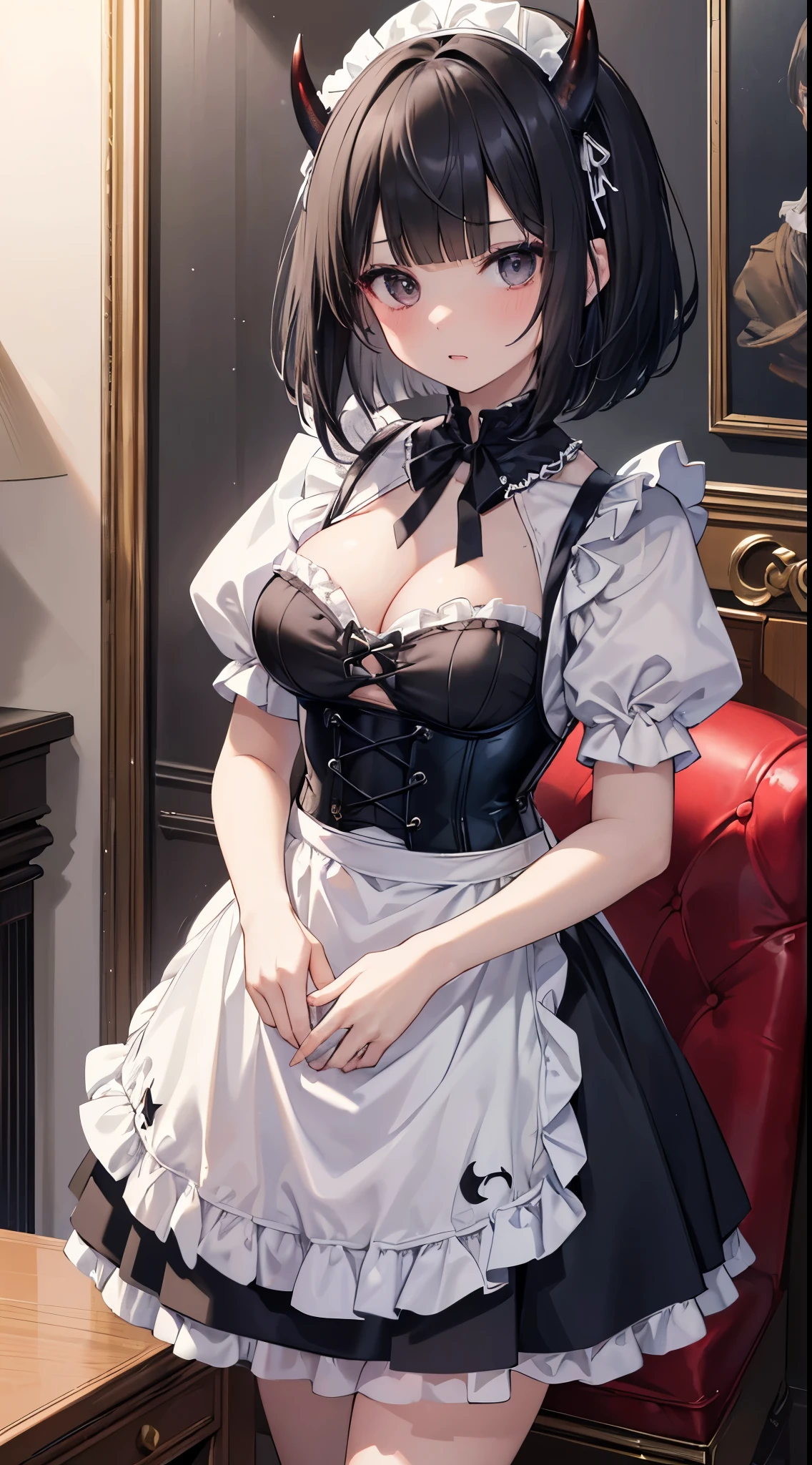 (8K、Top image quality、top-quality、masterpiece)、A detailed face、1 girl in、A dark-haired、bob cut、blunt bangs、(demonic horns)、black eyes、expression、Moderately breasts、cleavage、black maid、cross arms in front、(White apron)、shortsleeves、Black corset、cowboy shot、Luxurious mansion、Lounge background