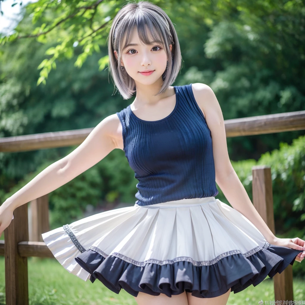 E5%(Best Quality,4K,8K,hight resolution,masutepiece:1.2),Ultra-detailed,extremely detailed eye and face,Beautiful detailed eyes,Beautiful detailed lips,long eyelashes,((Realistic)),Photorealistic:1.37,japanes,fine-grained white skin,((Dark blue mini pleated skirt)),beautiful and magnificent composition,Marshmallow-like skin,masutepiece,Attractive,Posing for a photo,Cute,Dark blue high socks,((Silver hair color)),silky smooth and straight hair,(tank top),Outdoor on a sunny day,Healthy smile,(with round face),Hands on hips,Full-body standing figure,Raw feet,thighs thighs thighs thighs,Sharp Focus,