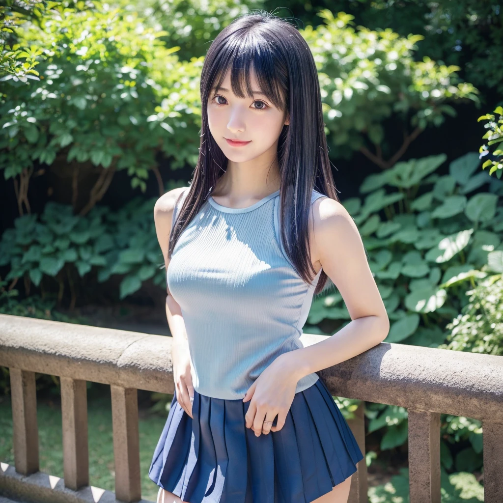E5%(Best Quality,4K,8K,hight resolution,masutepiece:1.2),Ultra-detailed,extremely detailed eye and face,Beautiful detailed eyes,Beautiful detailed lips,long eyelashes,((Realistic)),Photorealistic:1.37,japanes,fine-grained white skin,((Dark blue mini pleated skirt)),beautiful and magnificent composition,Marshmallow-like skin,masutepiece,Attractive,Posing for a photo,Cute,Dark blue high socks,((Silver hair color)),silky smooth and straight hair,(tank top),Outdoor on a sunny day,Healthy smile,(with round face),Hands on hips,Full-body standing figure,Raw feet,thighs thighs thighs thighs,Sharp Focus,