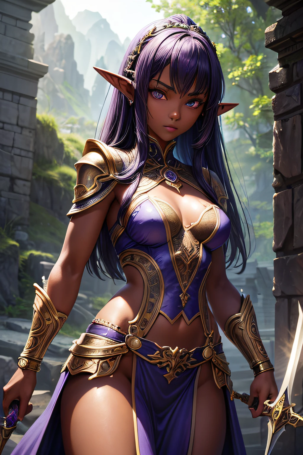 young girl, ancient elf warrior, long pointy ears, dark skin, violet hair, sexi, small breasts, ancient elf armor and accesories, wielding a sword, highly detailed, vibrant appearance, creative behavior, extremly detailed, imaginative, sensual, spontaneous, highest quality, skin texture, intricate details, (cinematic lighting), RAW photo, 8k, masterpiece,best quality,ultra-detailed,very detailed illustrations,extremely detailed,intricate details,highres,super complex details,extremely detailed 8k cg wallpaper,