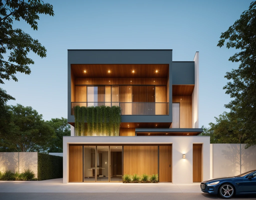 Minimalist architecture, the main materials of the house include white walls, blue concrete effect walls, Realistic images, extremely detailed, a modern house, 1 road in font of house, large yard made by ceramic, (1 car), brick fence, lawn, a few small flowers, a road in front of the house, main materials of the house are white walls and red brick, Modern design, clear blue sky, sunrise light, light from inside, dynamic light,shimering light, cinematic light, romantic feeling, (((day light, warm light)))