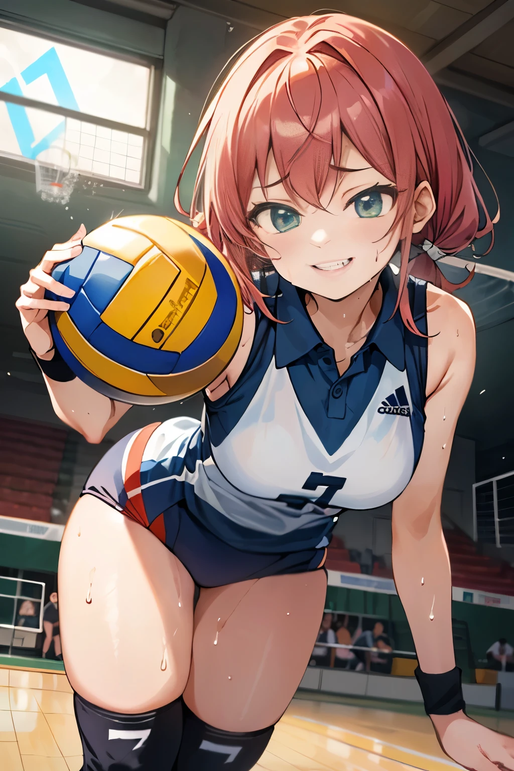 unity 8k wallpaper, anatomically correct, (((masterpiece))), (((best quality))), (((ultra detailed))), (((high-resolution))), ((super fine illustration)), ((Ultimate cutie)), ((detailed beautiful face)), ((perfect hands)), ((perfect finger)), (((good anatomy))), Solo, One girl, 17 years old, (potbelly), (Curve), medium breasts, ((thick thighs)), Shiny hair, ((evil smile)), (smirk), (blush)), BREAK, Adidas, (((Buruma))), (Sleeveless collared Volleyball Uniforms), head band, ((wristbands)), ((Kneepads)), BREAK, ((Hold a beautiful spherical 6-inch volleyball with both hands)), (leaning forward), ((Sweat)), (perspired), (Heavy breathing), Sense of depth, in gymnasium, Lighting, (Looking down), cowboy shot
