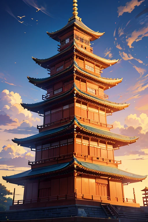 A photo of a building with a clock on it, temple background, Zen Buddhist temple background, Japanese temple, anime background, Japanese temple, depicting a temple background, anime background art, colorful anime movie background, anime landscape, beautiful anime scene, peaceful anime scene, anime movie background, beautiful anime landscape, ancient Japanese architecture, colorful fox city