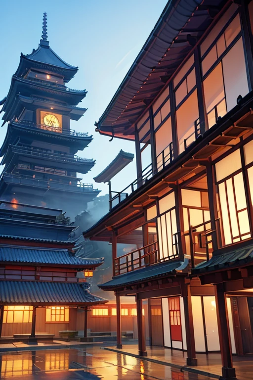A photo of a building with a clock on it, temple background, Zen Buddhist temple background, Japanese temple, anime background, Japanese temple, depicting a temple background, anime background art, colorful anime movie background, anime landscape, beautiful anime scene, peaceful anime scene, anime movie background, beautiful anime landscape, ancient Japanese architecture, colorful fox city