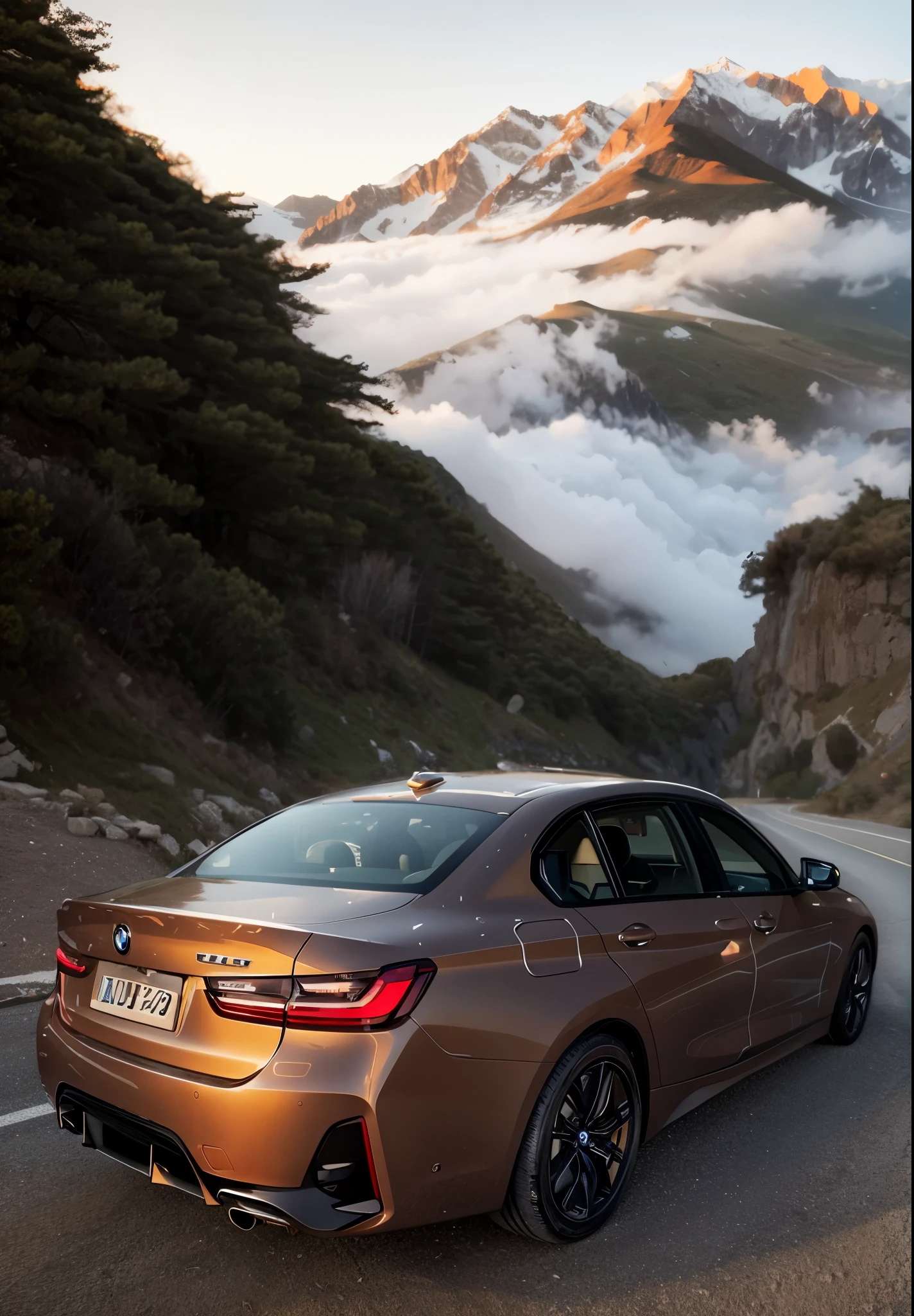 araFed view oF a car driving down a road with mountains in the background, car commercial photograph, vehicle photography, automotive photography, F / 3 2, F32, F 3 2, F8, F 8, with a sleek spoiler, bmw, automotive photography, Cover shooting, F / 3, auto photography, F/1.3